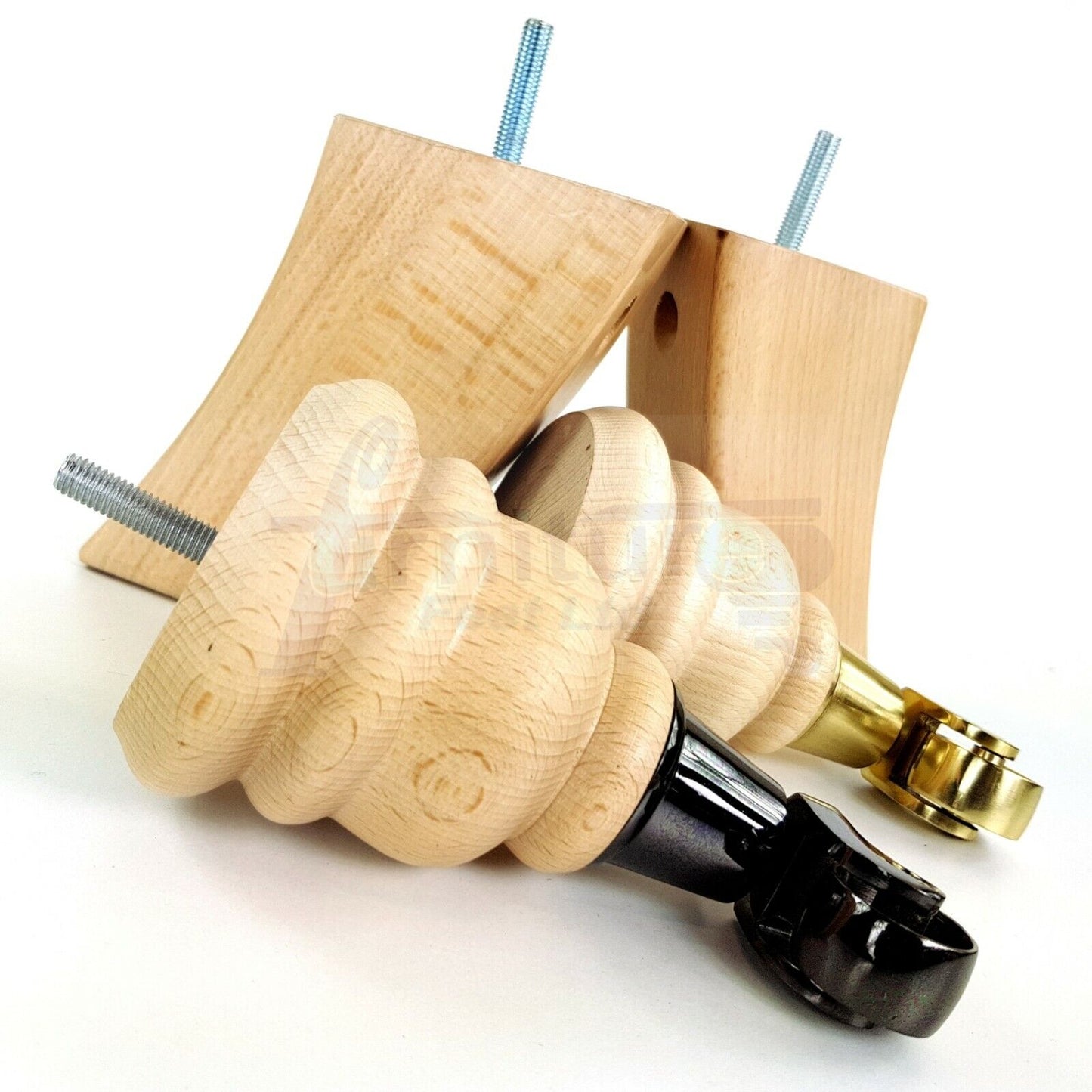 Turned Natural Wood Furniture Feet 2 With Castors 155mm and 2 Curved Back Legs Sofas Chairs Stools Cabinets Beds M8 6 Inches