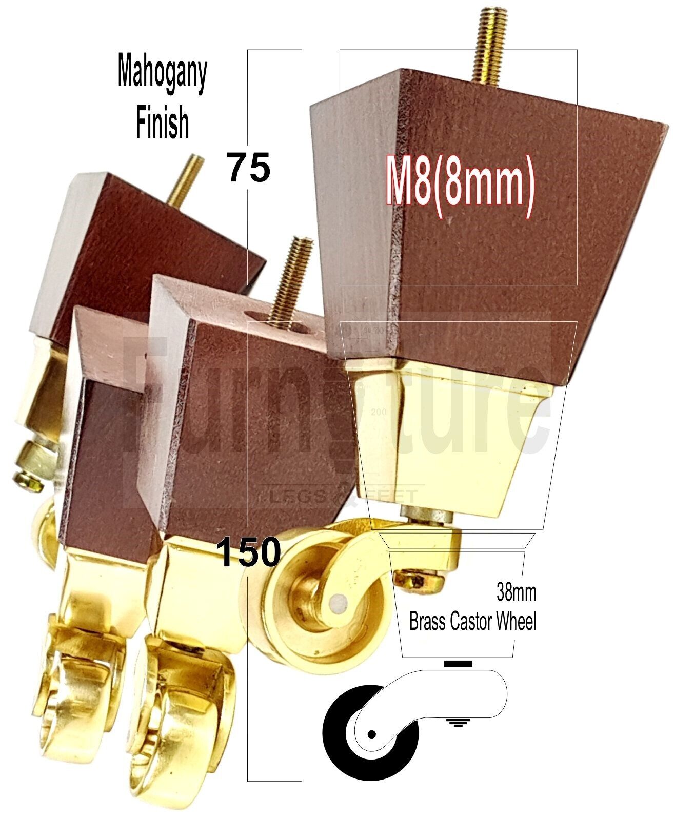 4x Block Wood Furniture Legs With Brass Castors For Sofa Chairs Settees 8mm Thread 150mm High