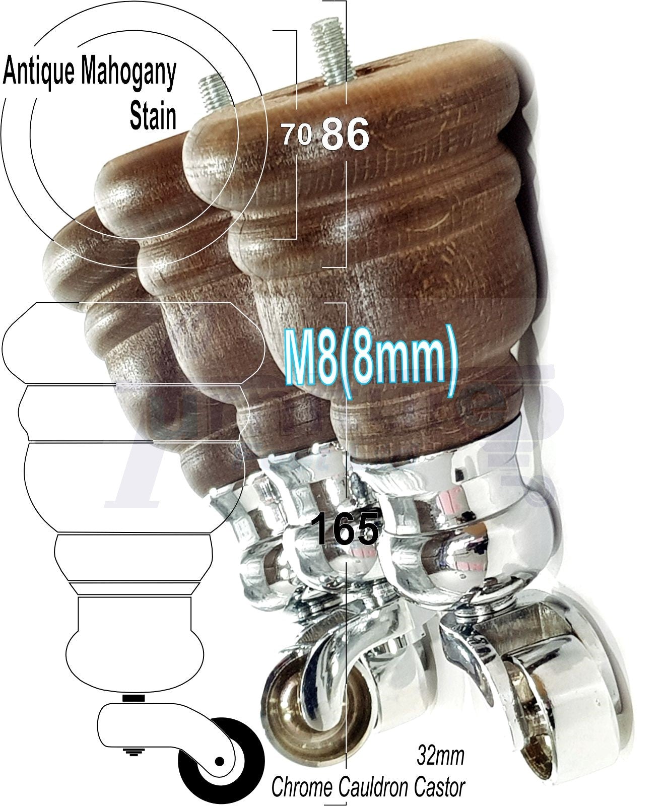 4 Turned Wood Furniture Feet With Chrome Cauldron Castors 155mm Legs Sofas Chairs Stools Cabinets Beds M8 6 Inches