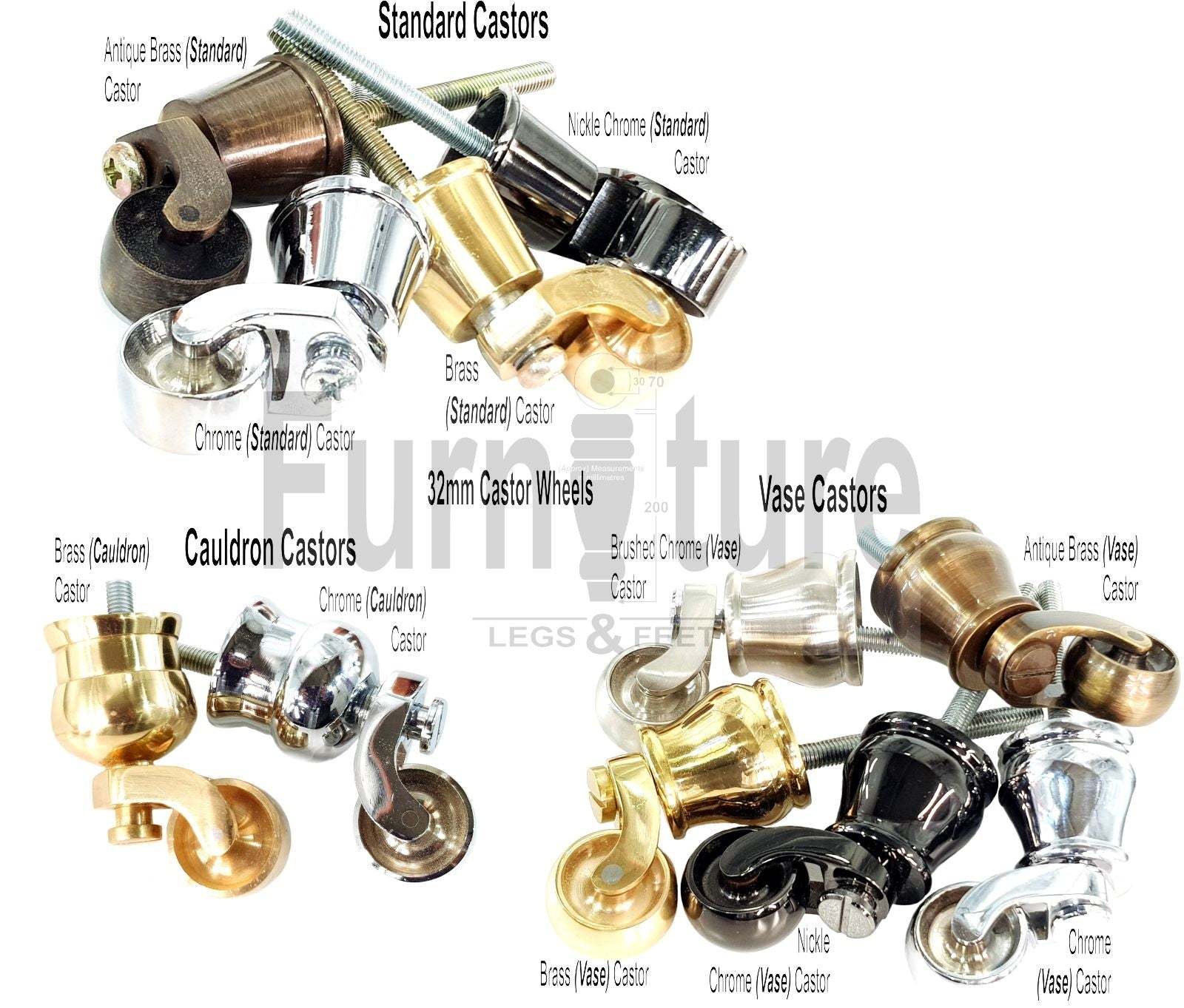 4x Turned Wood Furniture Legs With Chrome Castor 150mm High M8 For Settees Chairs & Cabinets