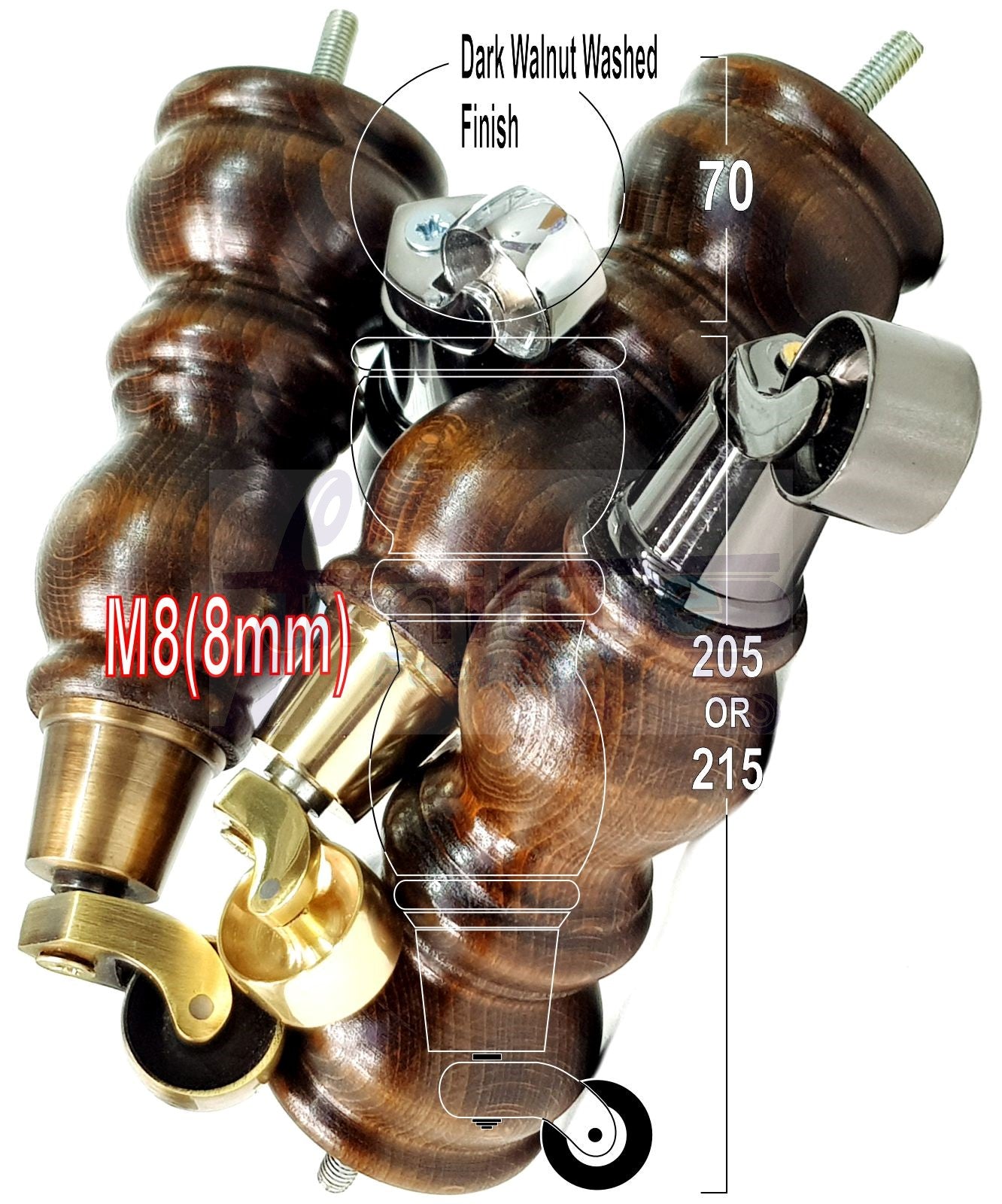 4x Solid Wooden Furniture Legs with Castor 205mm 8 Inches High Walnut Replacement Feet 8mm Threaded Dowl Fix