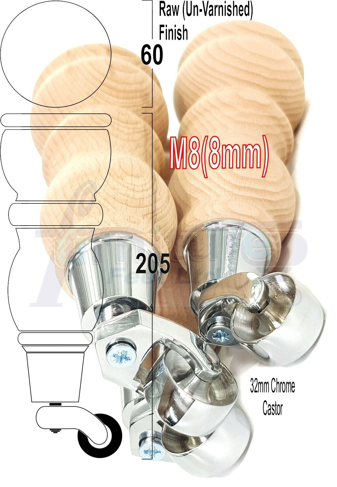 4x Furniture Feet With Castor 205mm High Legs Raw Wood M8 Sofas Chairs Stools Cabinets 8 Inches Tall