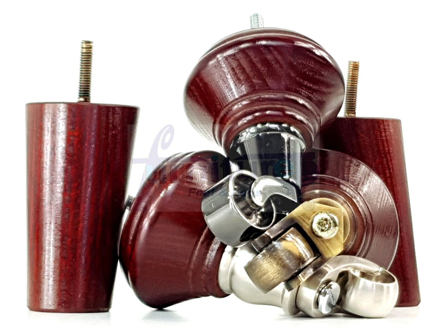 2 Mahogany Wood Furniture Sofa Legs With Castor 125mm & 2 Angled Back Feet Chair Settee 100mm High M8