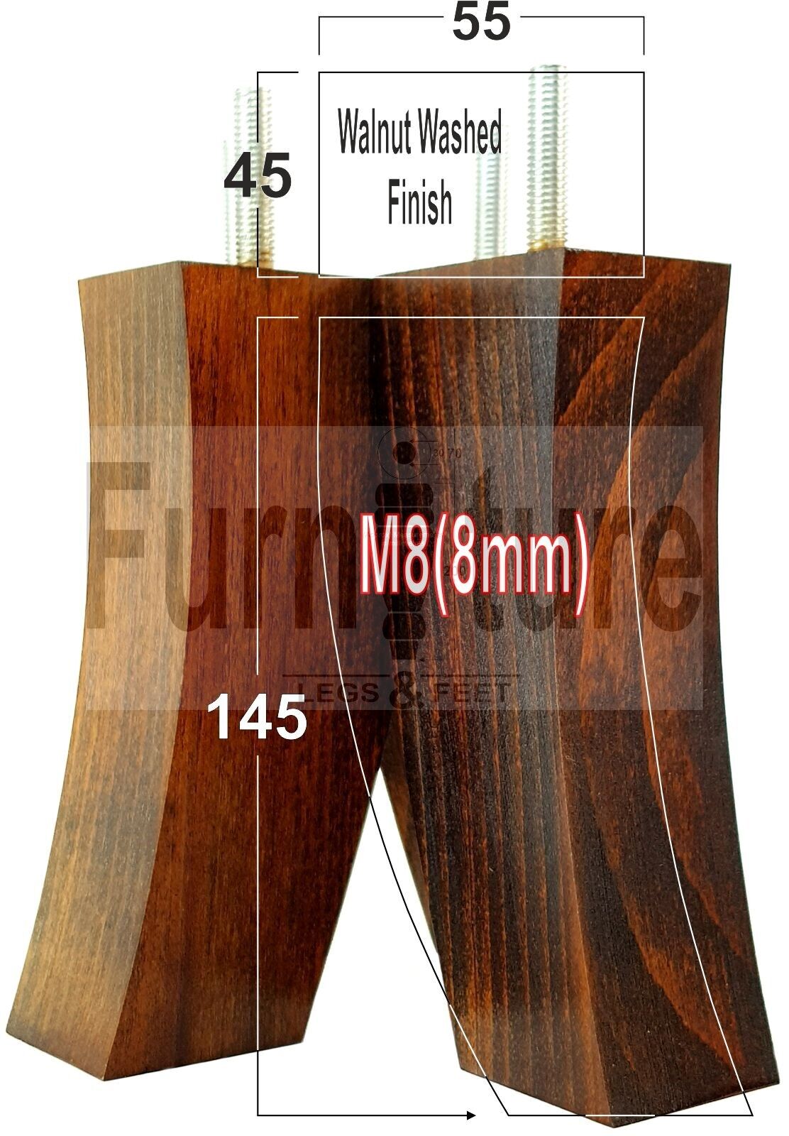 Set Of 4 Solid Wood Curved Furniture Feet Replacement Legs 145mm High M8(8mm)