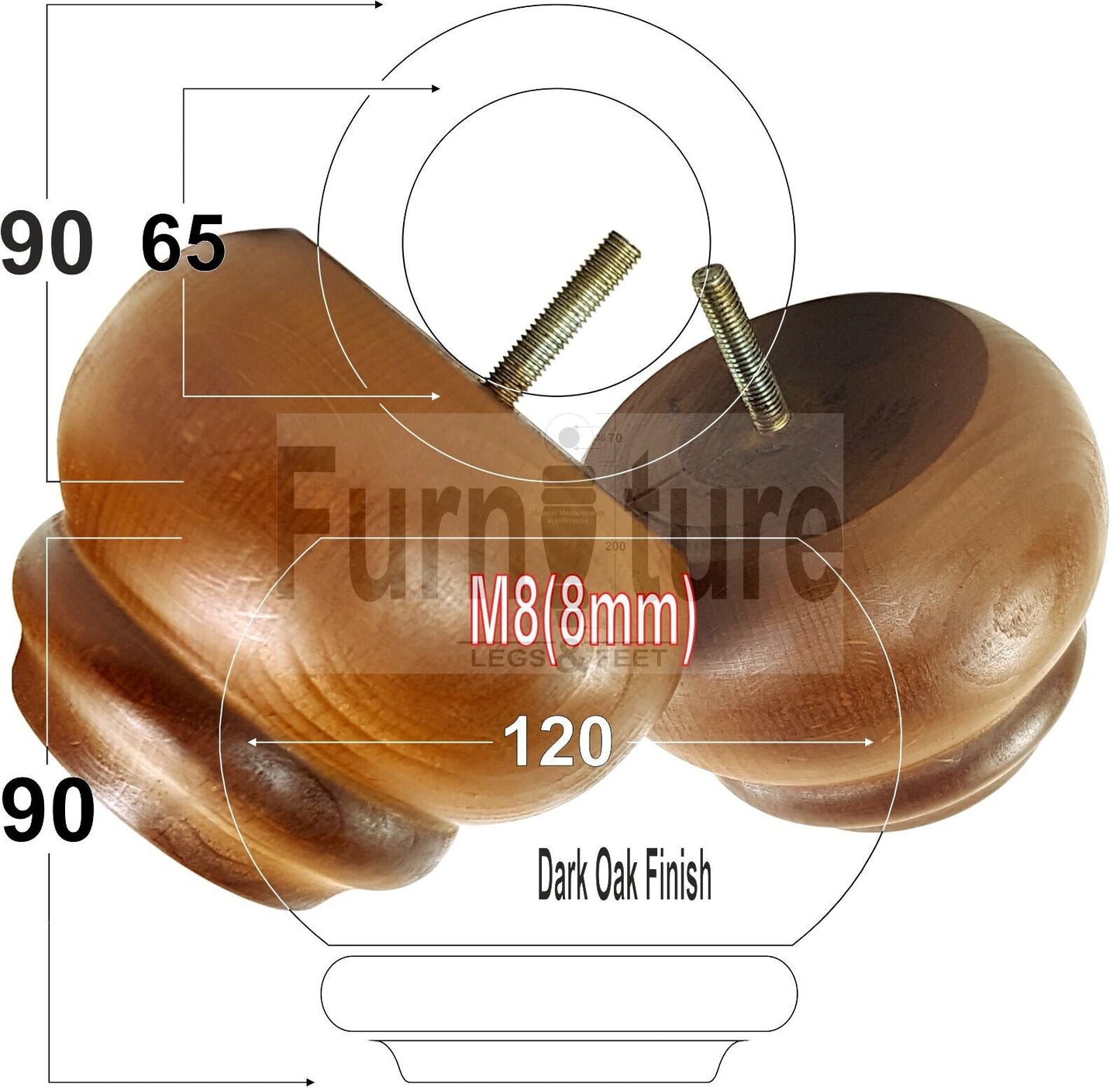 Set Of 4 Turned Wooden Furniture Legs Replacement Feet 90mm High 8mm Thread