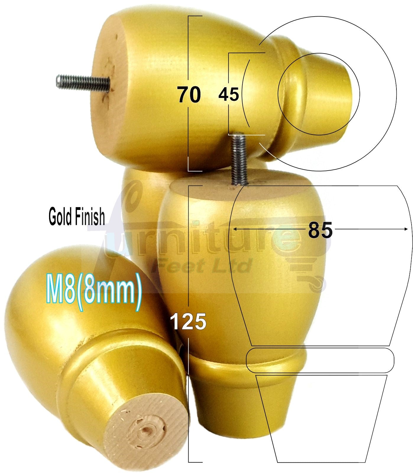 Set Of 4 Solid Wood Turned Replacement Furniture Legs 125mm High 8mm Thread