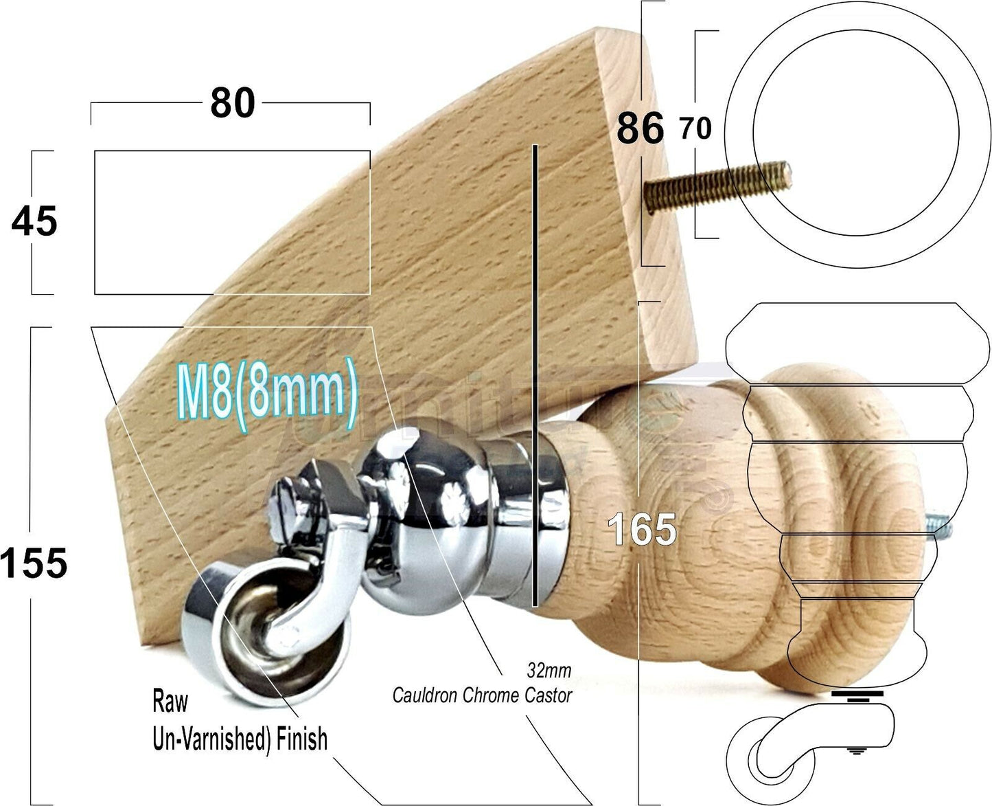 Turned Raw Wood Furniture Feet 2 With Castors 155mm and 2 Curved Back Legs Sofas Chairs Stools Cabinets Beds M8 6 Inches