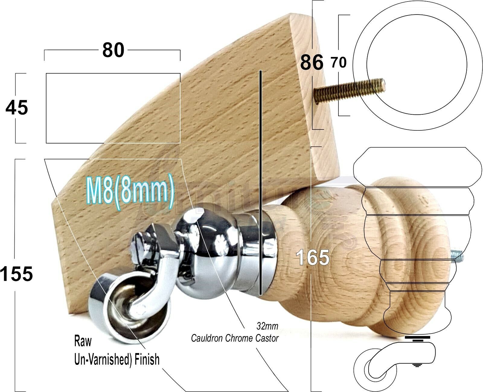 Turned Raw Wood Furniture Feet 2 With Castors 155mm and 2 Curved Back Legs Sofas Chairs Stools Cabinets Beds M8 6 Inches