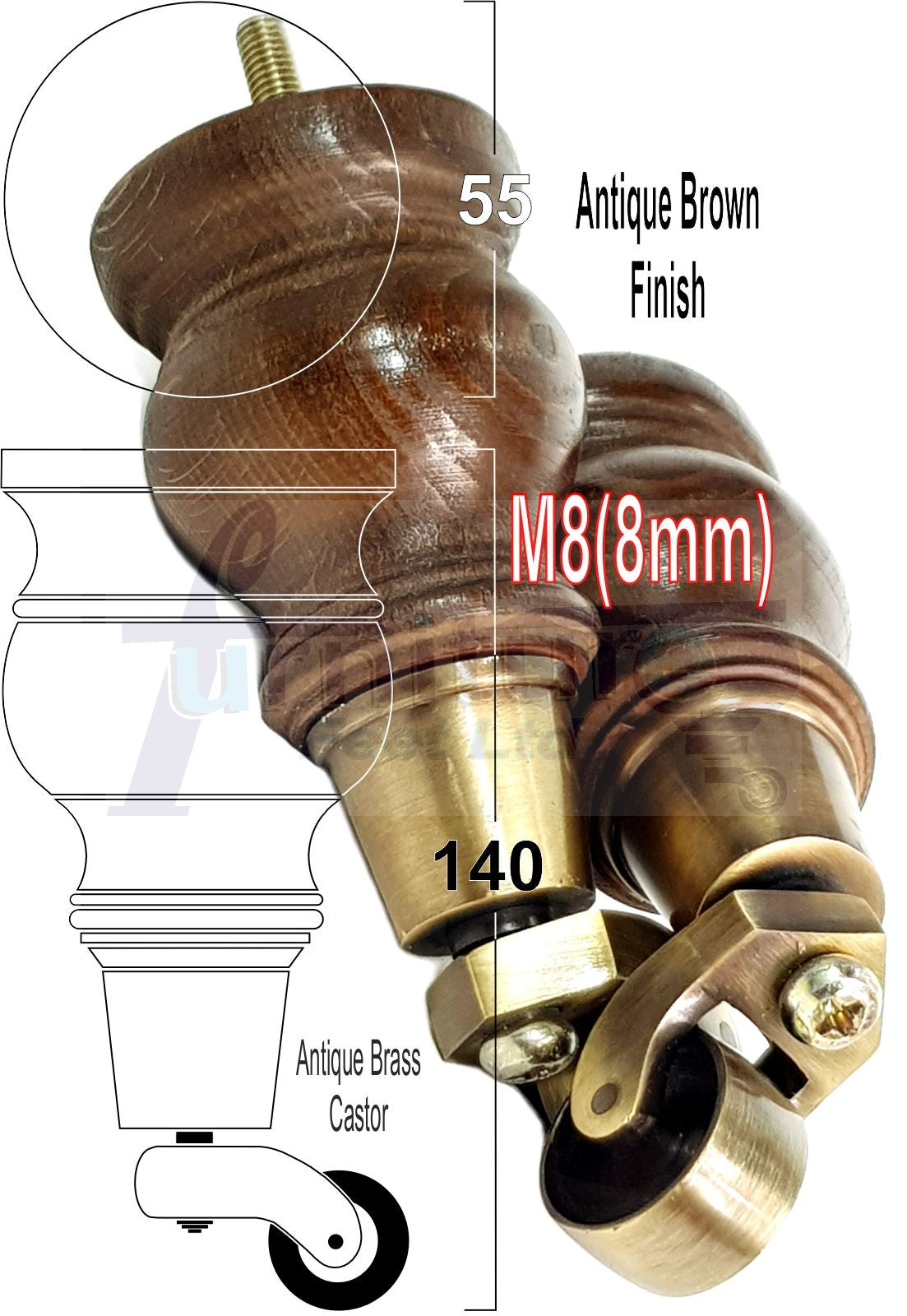 Set Of 4 Turned Wood Furniture Legs With 140mm High Castor 8mm Thread For Chairs Settees & Cabinets Antique Brown