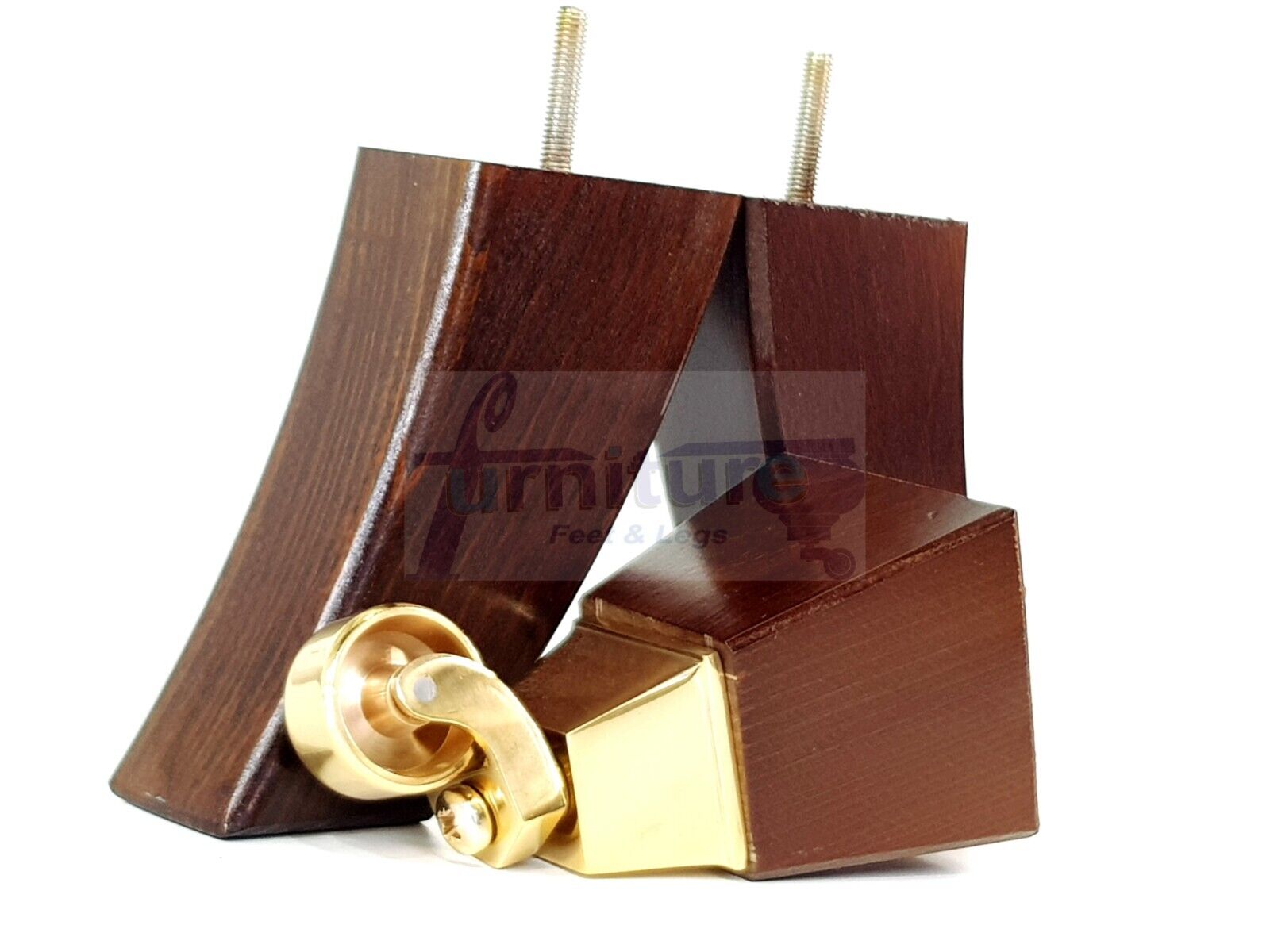 2x Cuved Wood Furniture Legs & 2x Brass Castor Feet 150mm High For Chairs Sofas Settees 8mm Thread