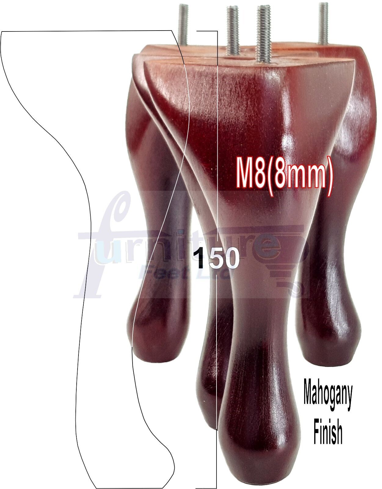 4 Solid Wood Furniture Feet 150mm High Queen Anne Replacement Legs M8 (8mm) 6 Inches Chair Stools Bed Sofa Georgian Style