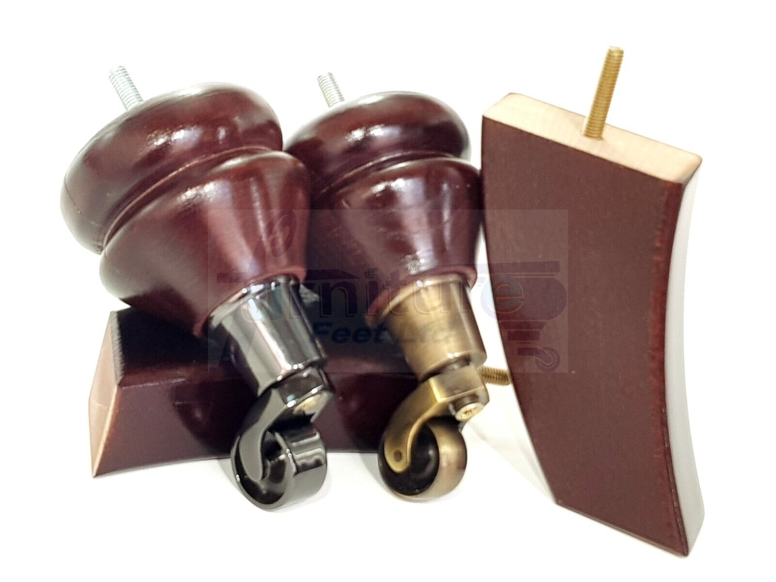 Turned Wood Furniture Feet 2 With Castors 140mm & 2 Curved Back Legs Sofas Chairs Stools Cabinets Beds M10(10mm)