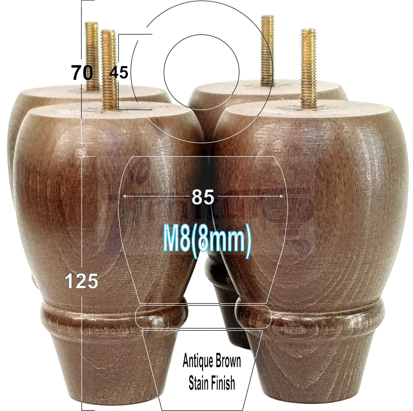 SET OF 4 REPLACEMENT FURNITURE BUN FEET TURNED WOODEN LEGS 125mm HIGH FOR SETTEE CHAIRS SOFAS FOOTSTOOLS M8 (8mm) PKC342