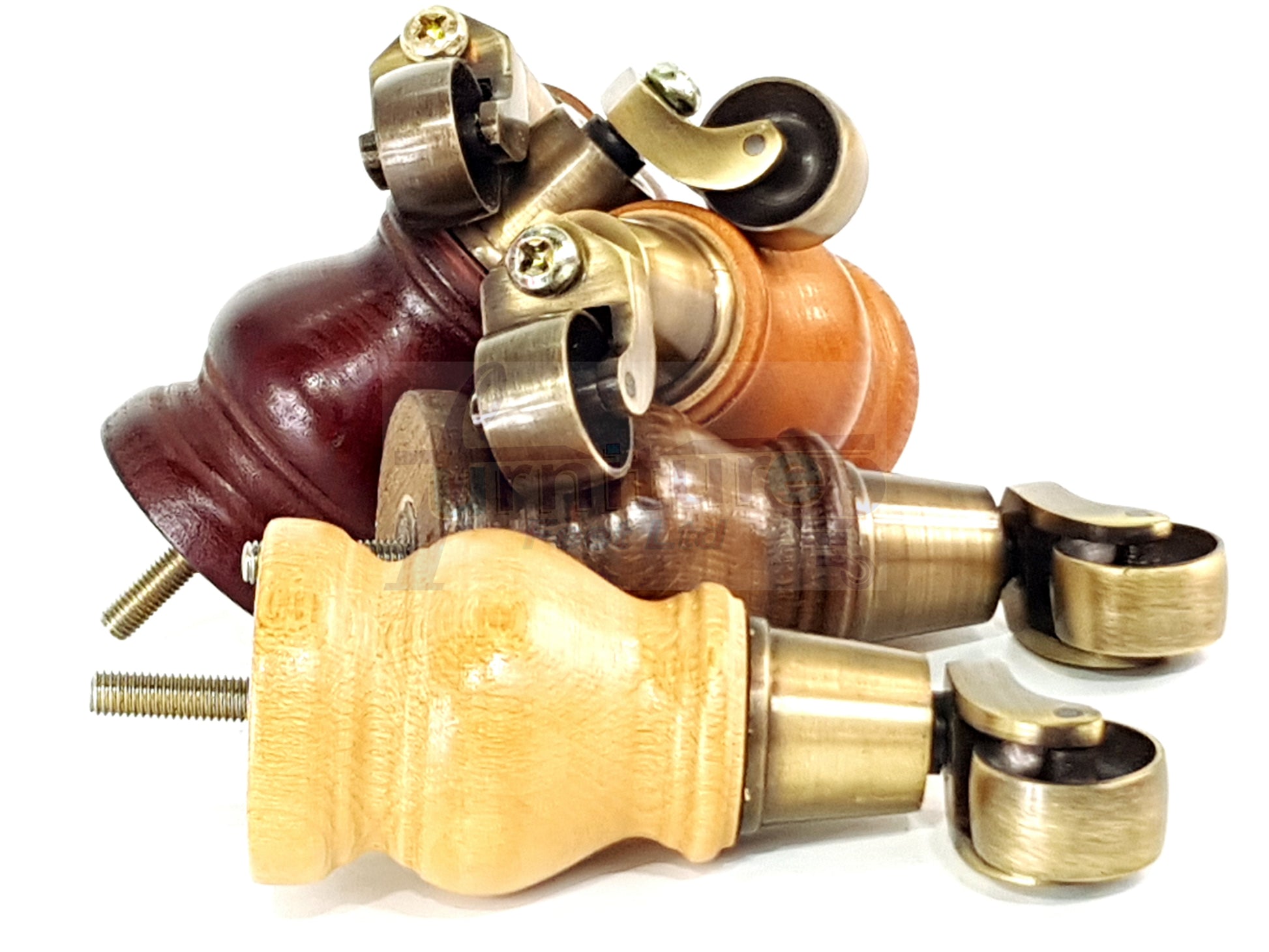 4x Turned Wood Furniture Legs With Antique Castor 150mm High M8 For Settees Chairs & Cabinets