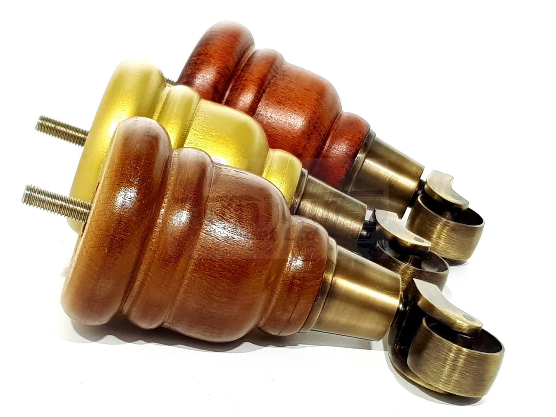 4 Turned Wood Furniture Feet With Antique Brass Castors 155mm Legs Sofas Chairs Stools Cabinets Beds M8 6 Inches