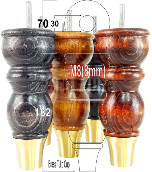 4x Wooden Furniture Feet With Brass Slipper Cup 182mm High Legs M8 Sofas Chairs Settees Cabinets