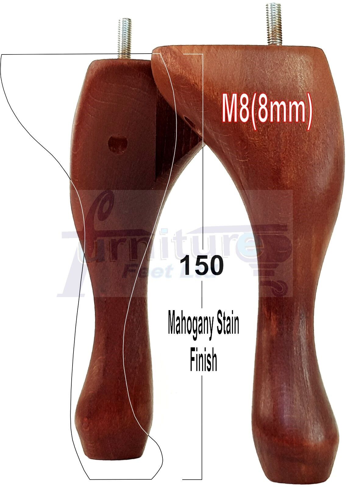 4 Solid Wood Furniture Feet 150mm High Queen Anne Replacement Legs M8 (8mm) 6 Inches Chair Stools Bed Sofa Georgian Style