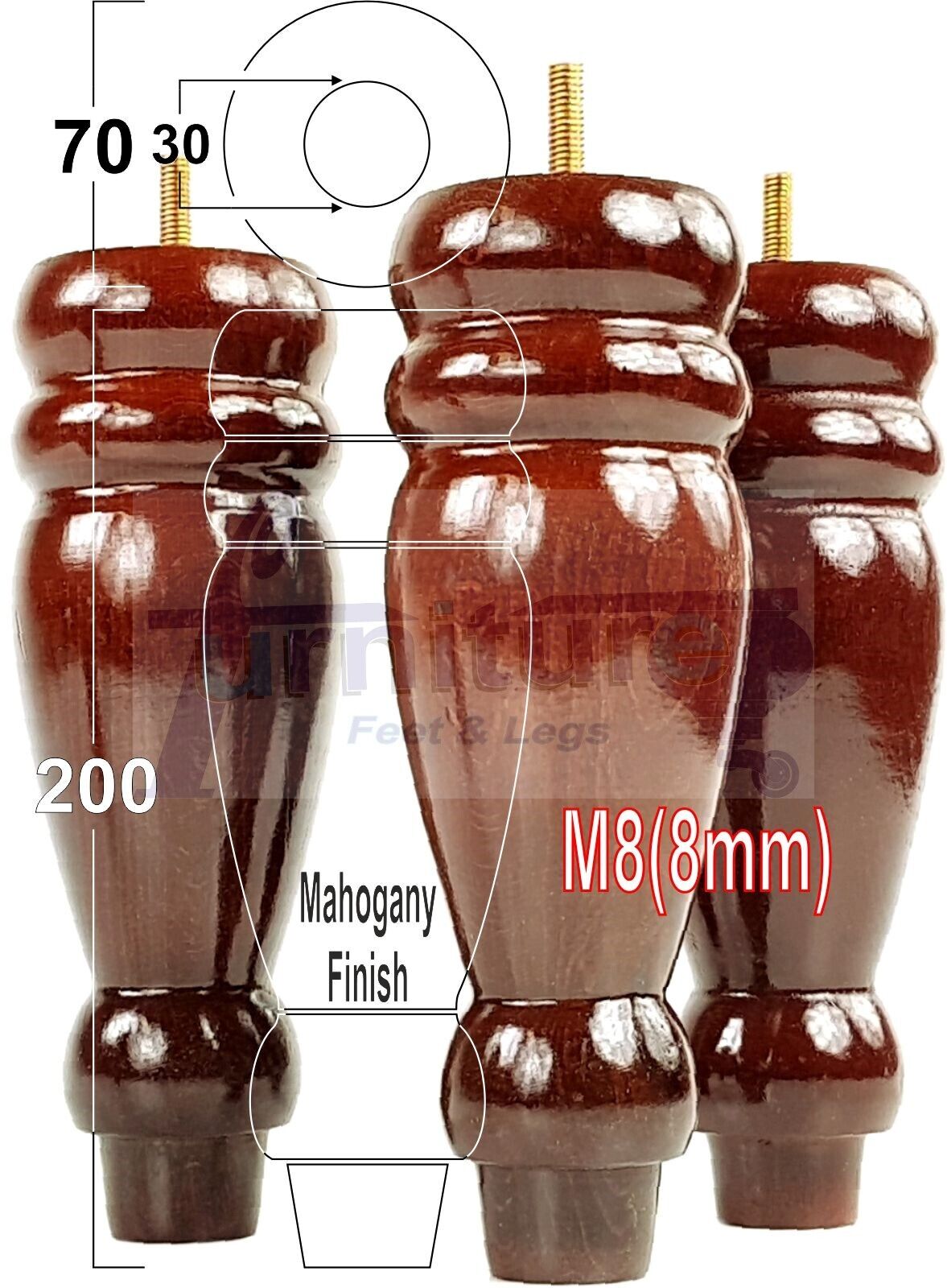 Set Of 4 Turned Furniture Legs Replacement Sofa Feet 200mm High M8 Thread