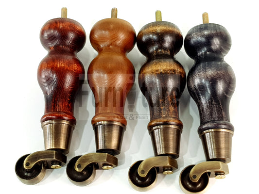 Set Of 4 Turned Wood Furniture Castor Legs Sofa, Settee, Chair Replacement Feet 195mm High 8mm Thread