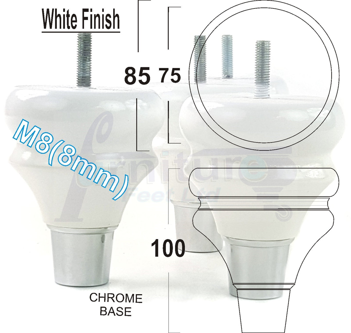 4x Turned Wood Furniture Feet M8(8mm) With A Chrome Slipper Cup Chair Sofa Settee Legs 100mm