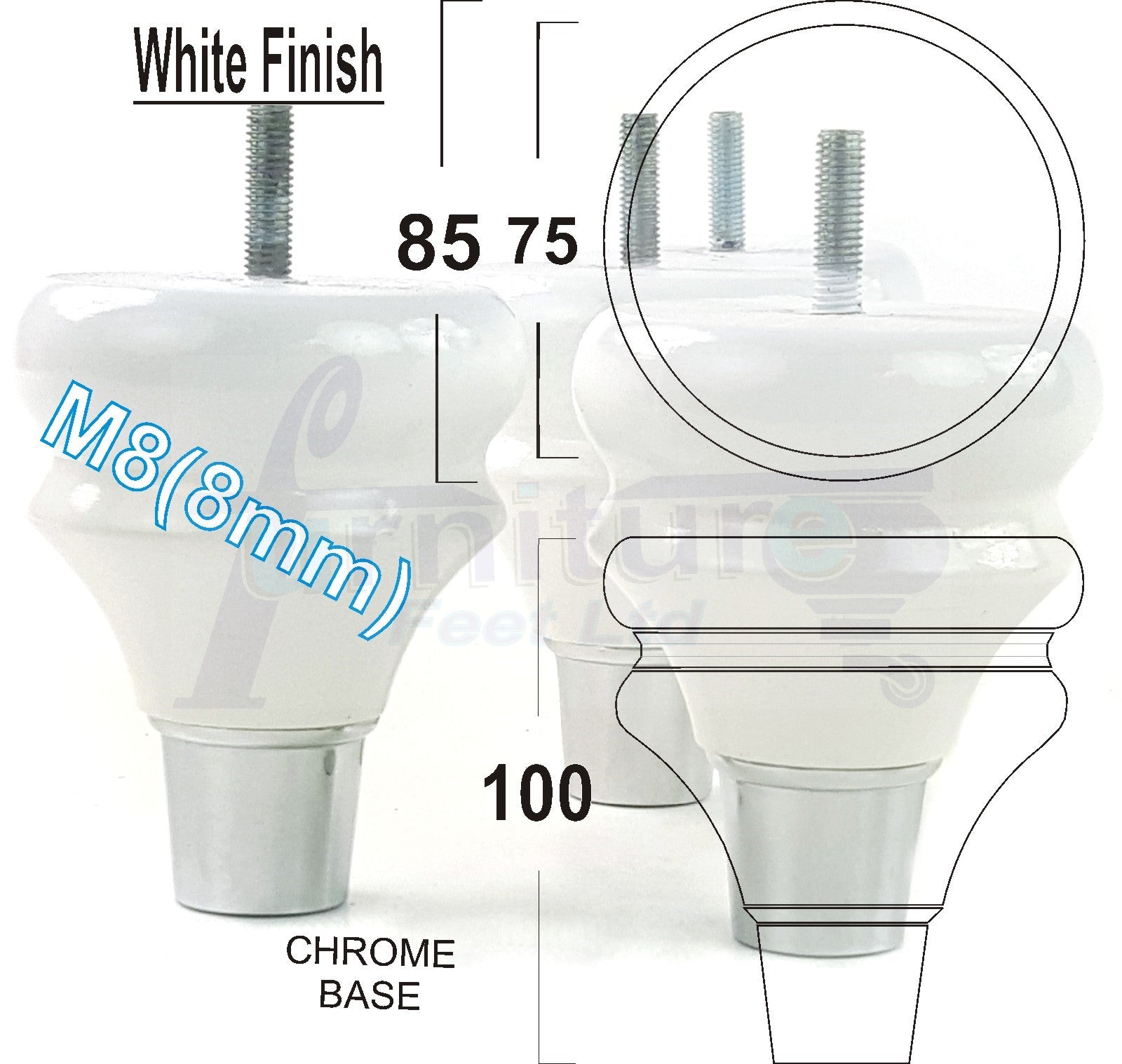 4x Turned Wood Furniture Feet M8(8mm) With A Chrome Slipper Cup Chair Sofa Settee Legs 100mm