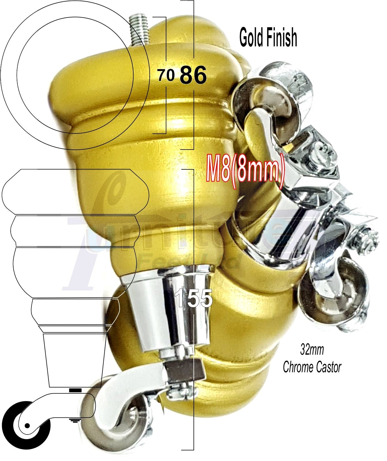 4 Turned Wood Furniture Feet With Chrome Castors 155mm Legs Sofas Chairs Stools Cabinets Beds M8 6 Inches