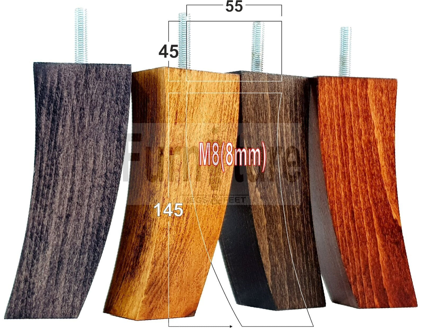 Set Of 4 Solid Wood Curved Furniture Feet Replacement Legs 145mm High M8(8mm)
