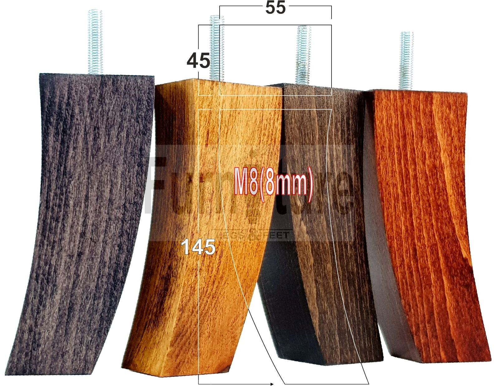 Set Of 4 Solid Wood Curved Furniture Feet Replacement Legs 145mm High M8(8mm)