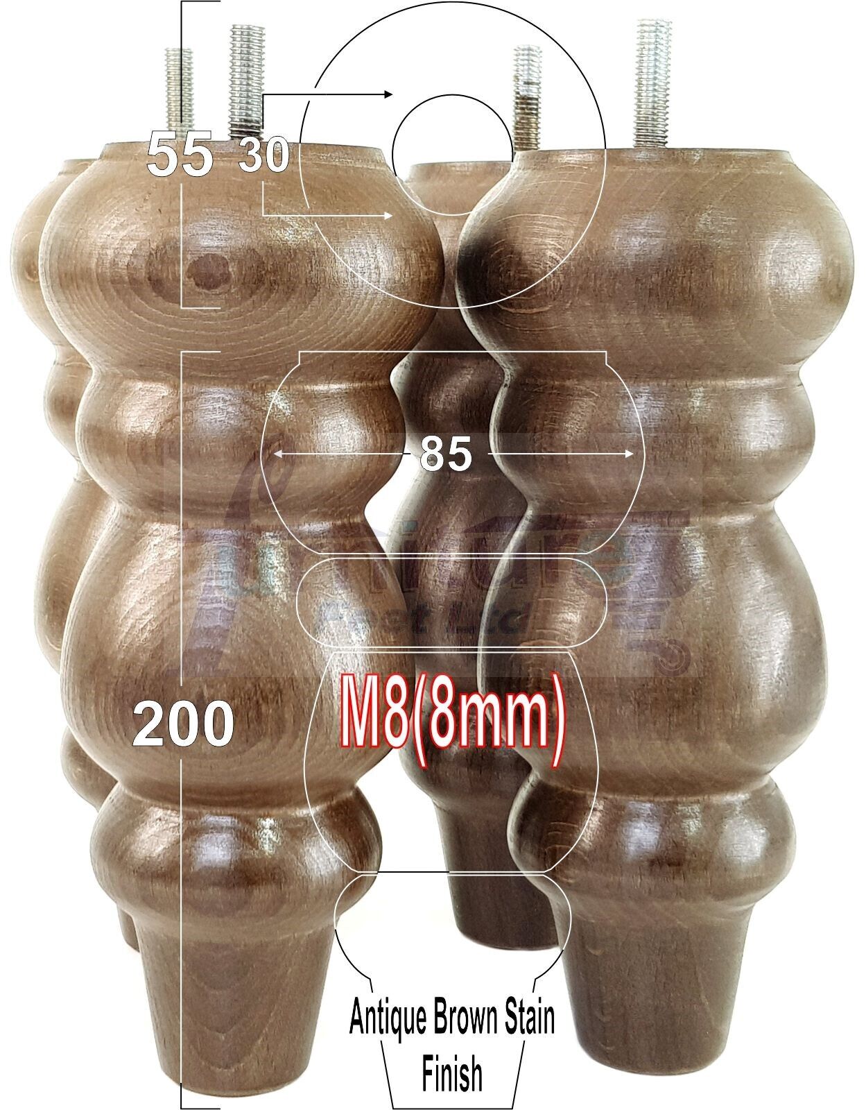 Solid Wood Furniture Feet Replacement Turned Legs 200mm High Chairs Stools Sofa's Beds Settee Cabinets M8 Various Colours Set of 4