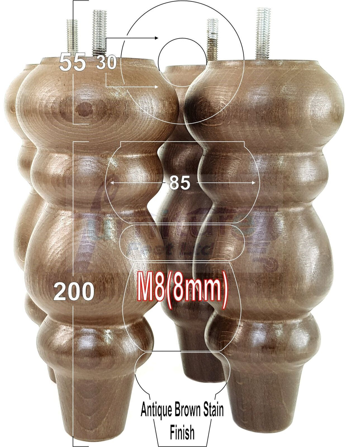 4 Solid Wood Furniture Legs Replacement Turned Chair Feet 200mm High M8 Threaded Dowl