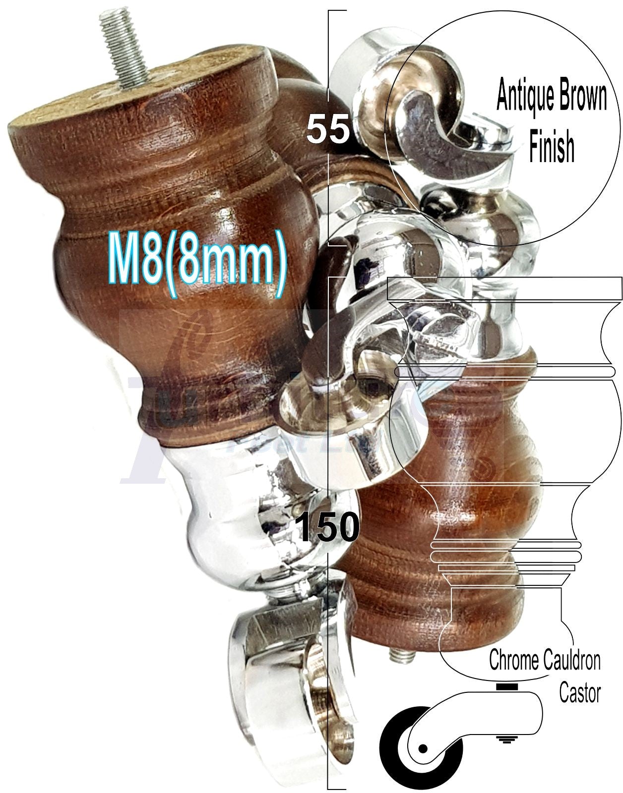 Set Of 4 Turned Wood Furniture Legs With 140mm High Castor 8mm Thread For Chairs Settees & Cabinets Antique Brown