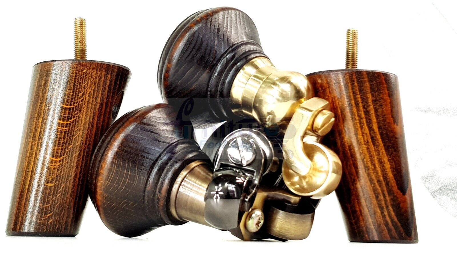 2 Dark Walnut Washed Wood Furniture Sofa Legs With Castor 125mm & 2 Angled Back Feet Chair Settee 100mm High M8