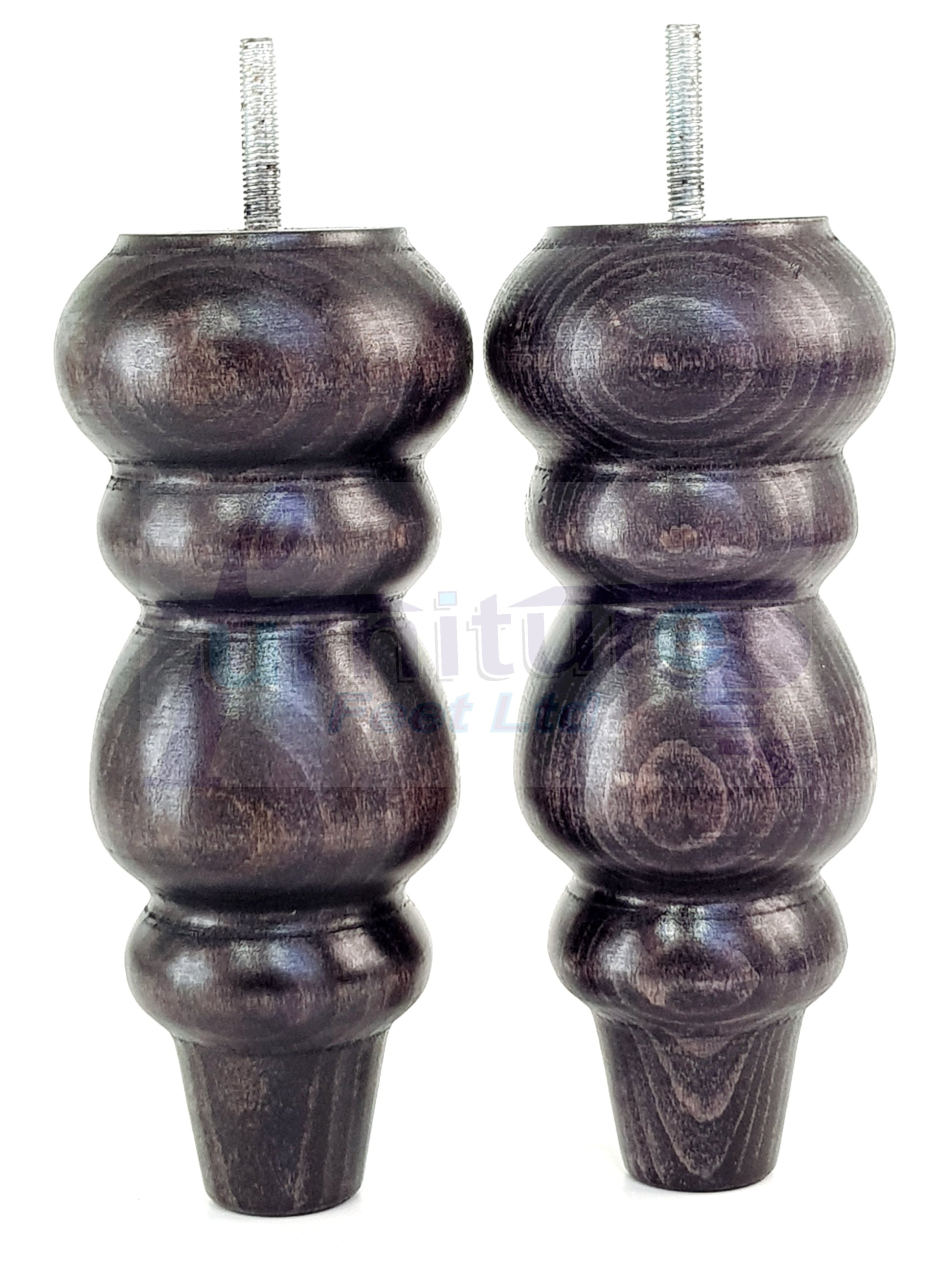 4 Solid Wood Furniture Legs Replacement Turned Feet 200mm High M8(8mm) Thread: Black Washed