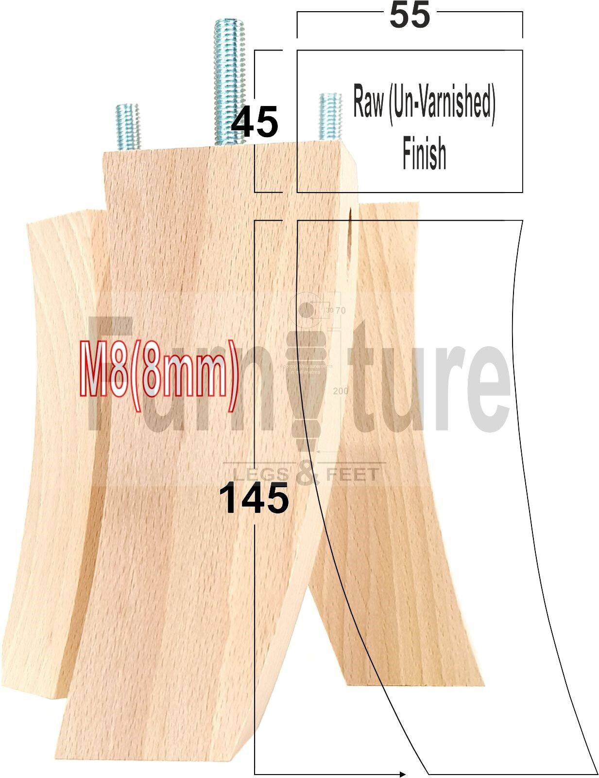 Set Of 4 Solid Wood Curved Furniture Feet Replacement Legs 145mm High M8(8mm)