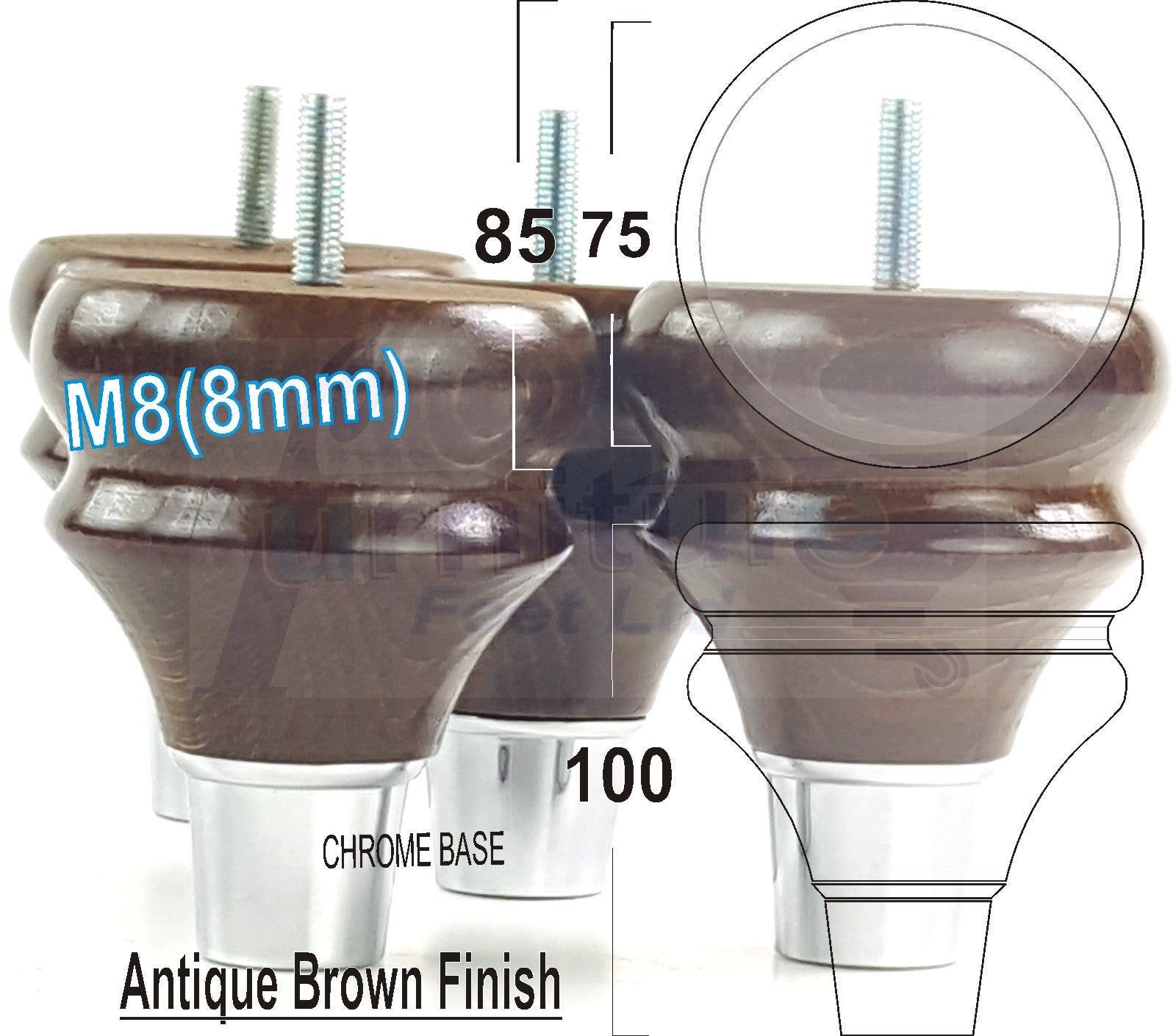 4x Turned Wood Furniture Feet M8(8mm) With A Chrome Slipper Cup Chair Sofa Settee Legs 100mm