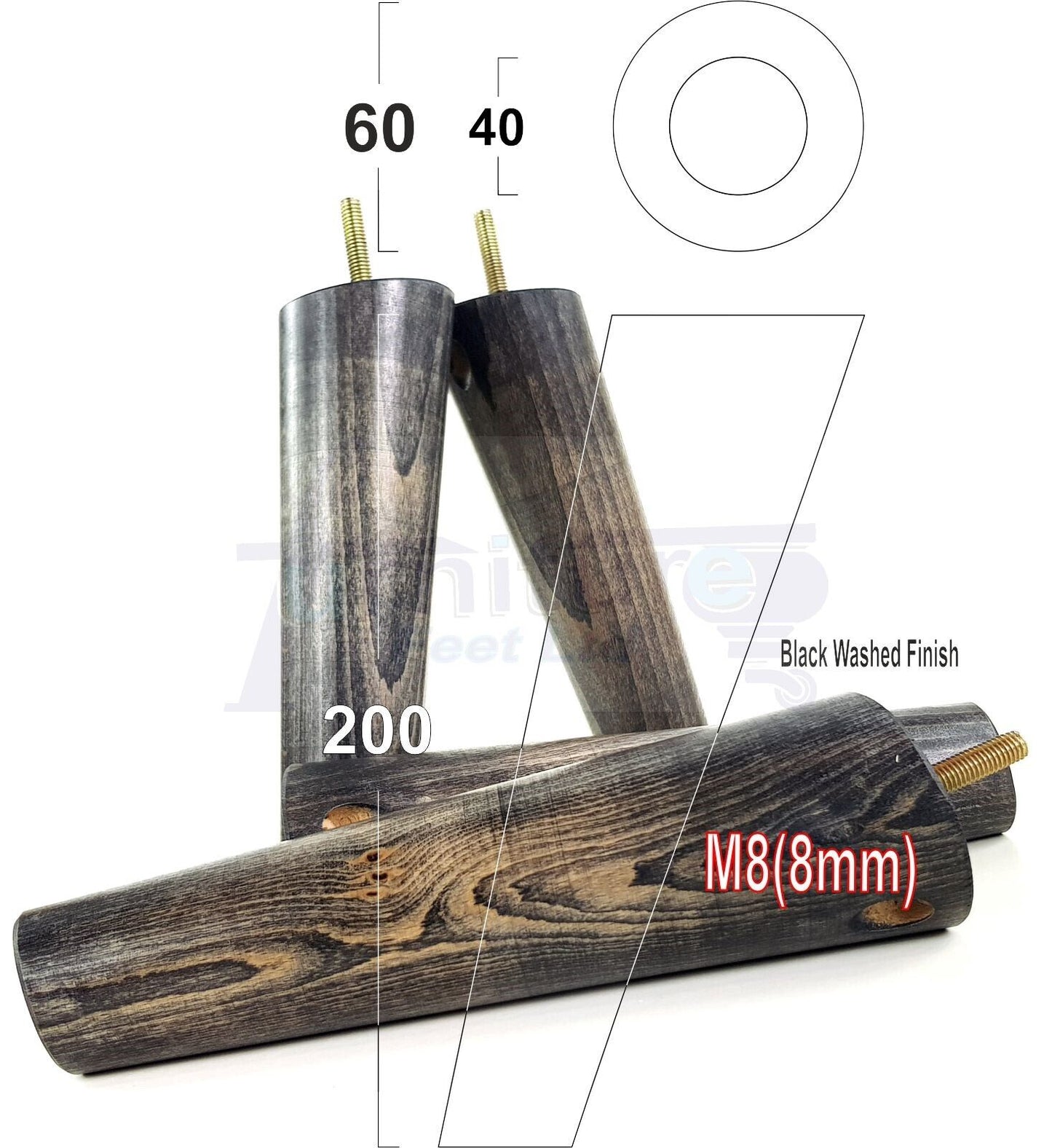 4 Solid Wood Turned Furniture Feet Replacement Mid Centry Angled Retro Legs 200mm High M8 Sofa Chairs Stools Cabinets Beds