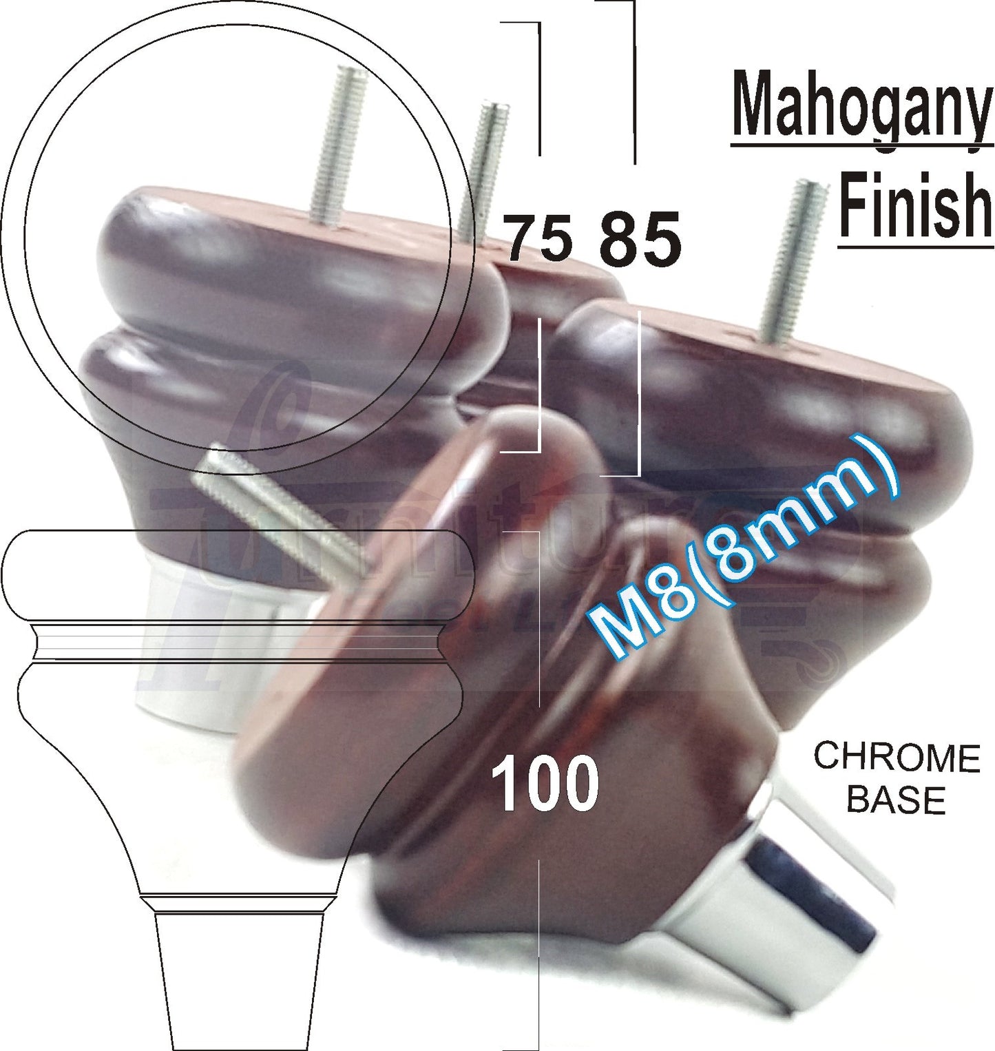 4x Turned Wood Furniture Feet M8(8mm) With A Chrome Slipper Cup Chair Sofa Settee Legs 100mm
