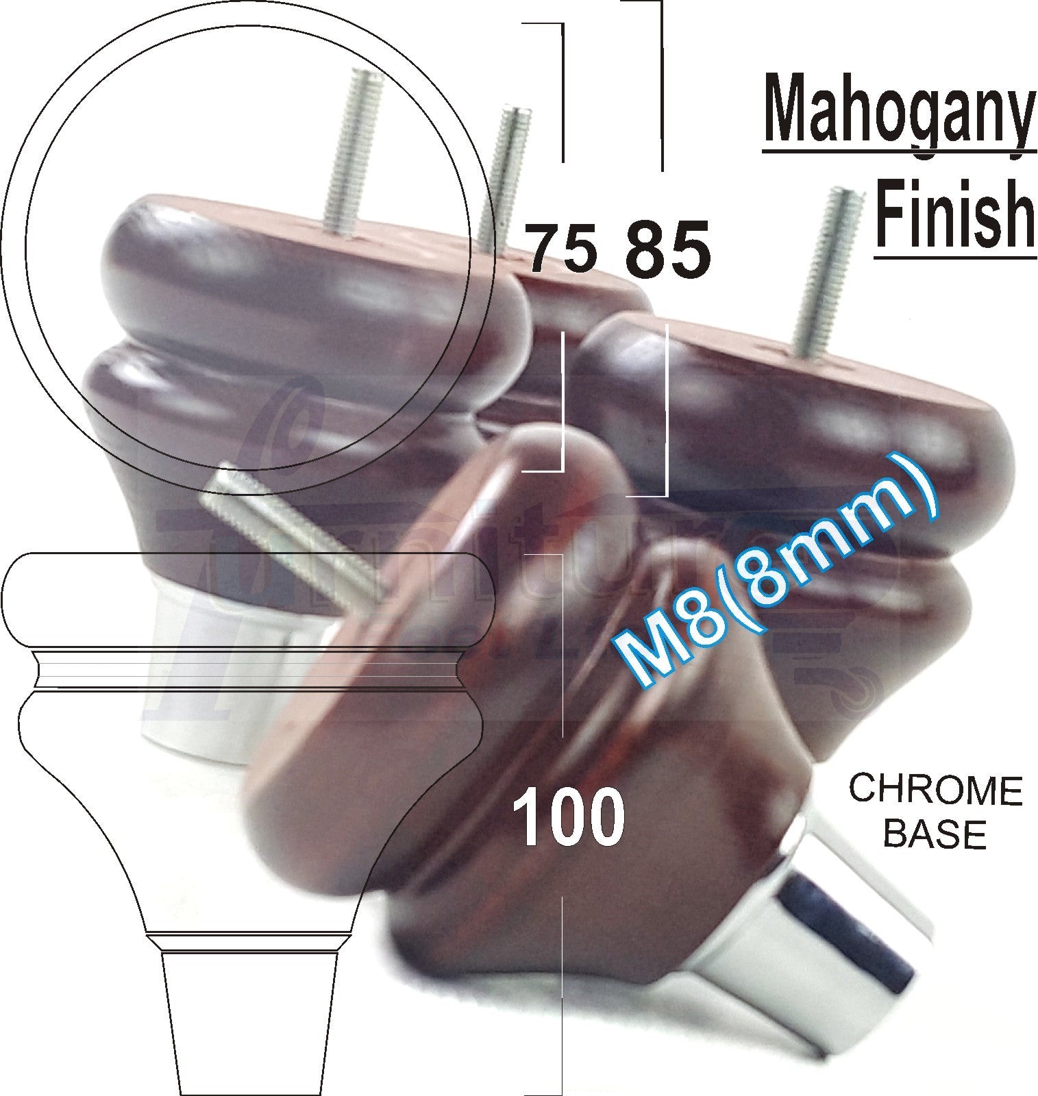 4x Turned Wood Furniture Feet M8(8mm) With A Chrome Slipper Cup Chair Sofa Settee Legs 100mm