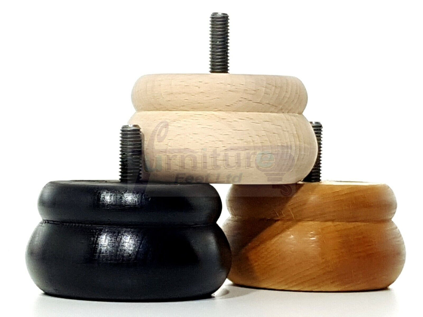 Set Of 4 Turned Wooden Furniture Legs Replacement Bun Feet 50mm High 8mm Thread