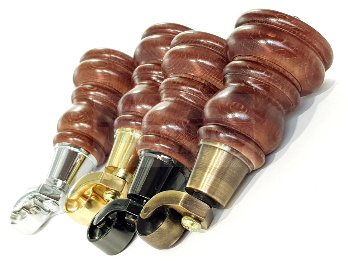 4 Turned Solid Beech Wood Furniture Legs with Castor Replacement Sofa Feet 155mm High M10 Threaded Dowl Fix