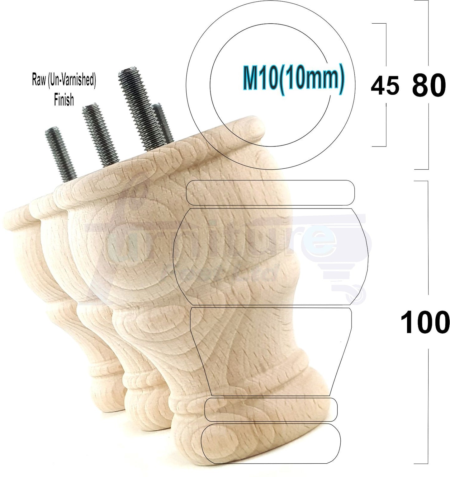 4 Turned Wood Furniture Legs Replacement Sofa Settee Chair Bed Feet 100mm High M10 Thread