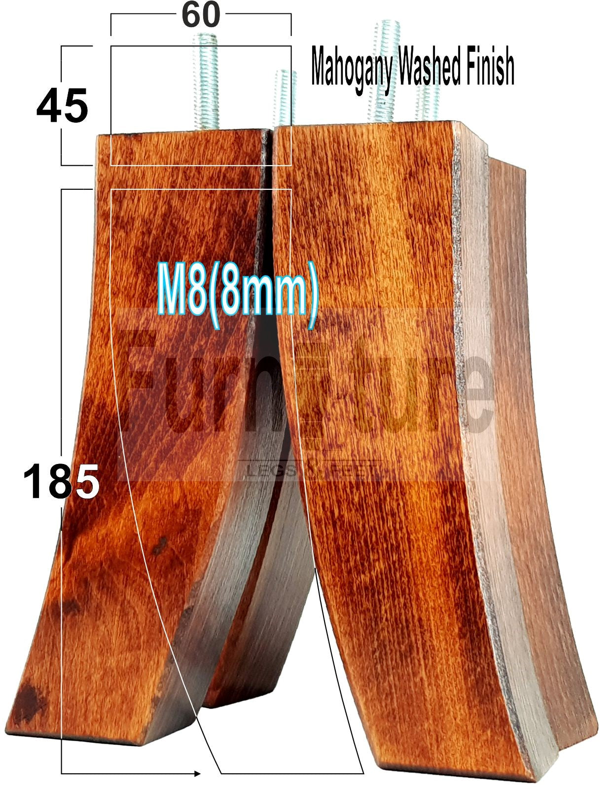 Set Of 4 Solid Wood Curved Furniture Feet Replacement Legs 185mm High M8(8mm)