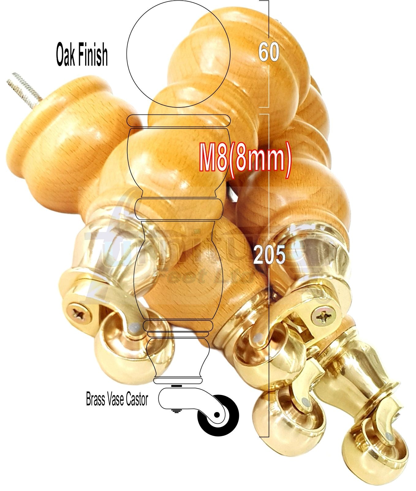 Solid Wood Furniture Feet With Castors Set of 4 Legs 205mm High For Sofas Chairs Stools Cabinets & Beds M8