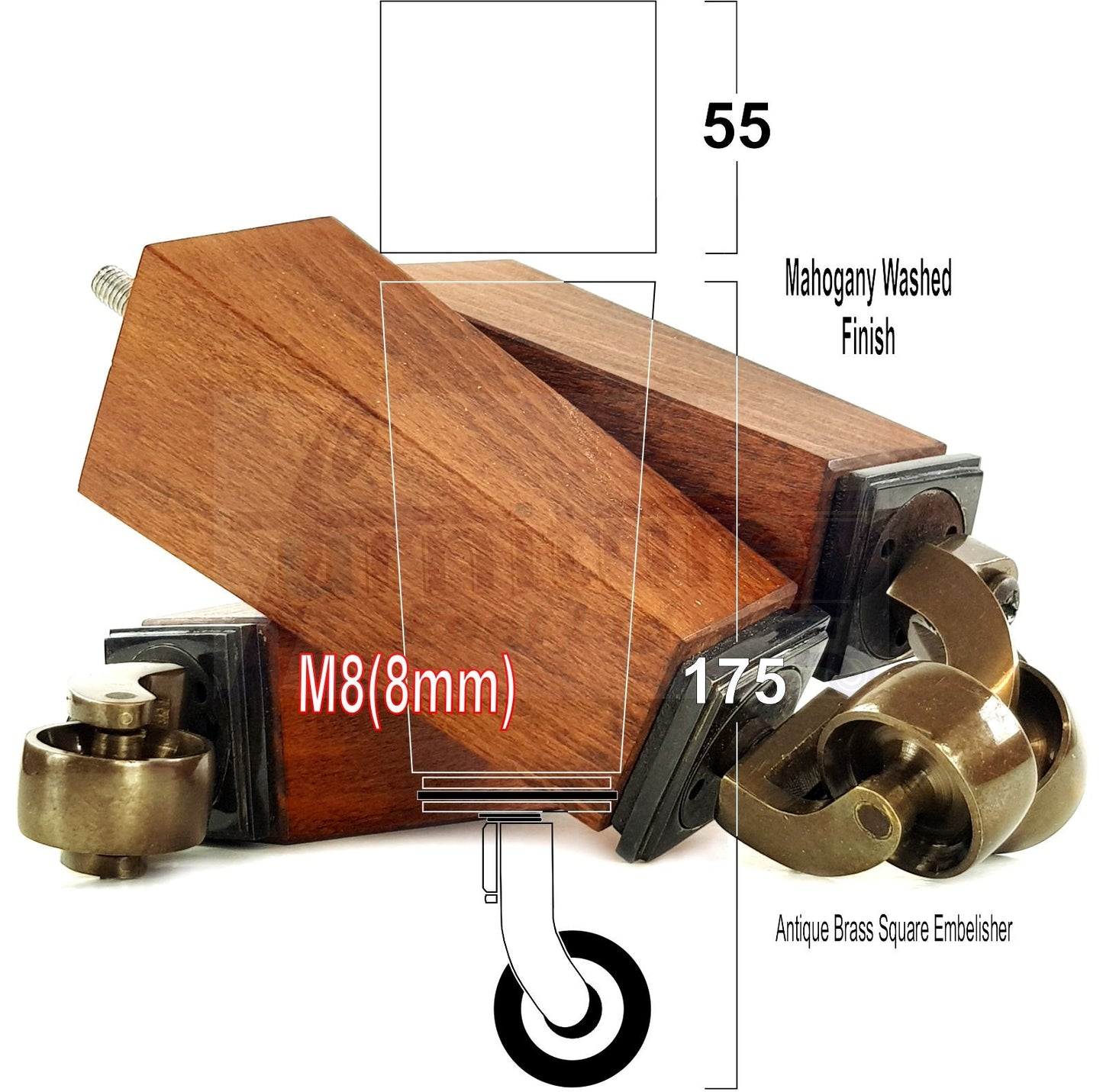 4x Solid Wood Furniture Legs Chair Sofa Bed Replacement Feet 175mm High With Antique Castors 8mm Thread