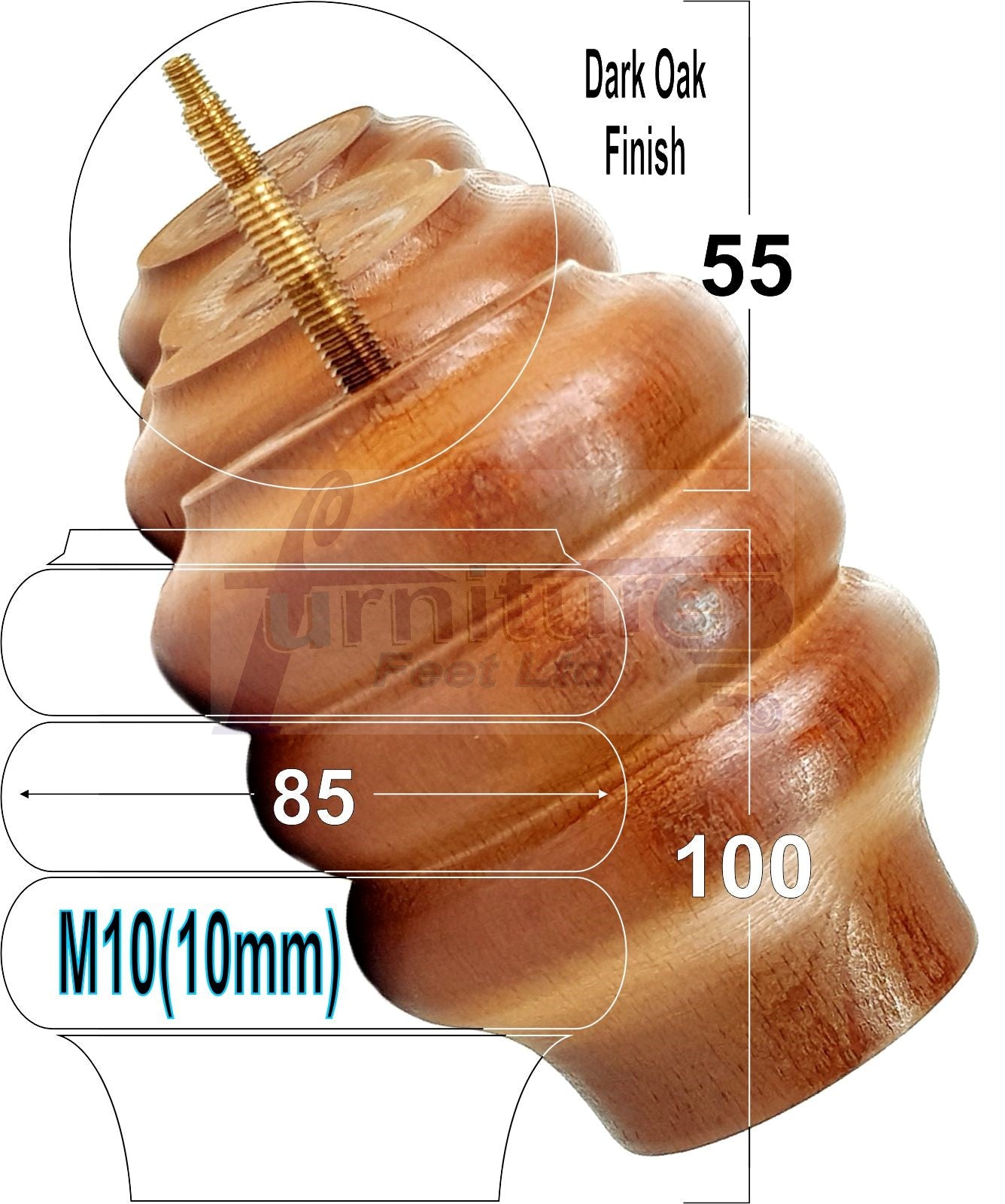 4 Solid Wood Turned Furniture Legs Replacement Bun Feet 100mm High 10mm Thread