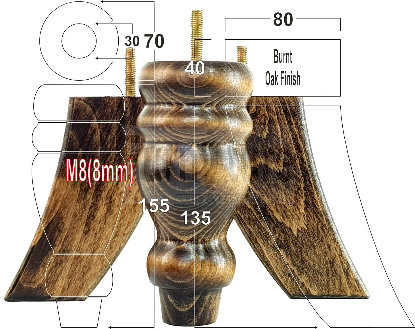 2x Turned Wood Furniture Feet 155mm and 2 Curved Back Legs Sofas Chairs Beds M8 Thread 6 Inches