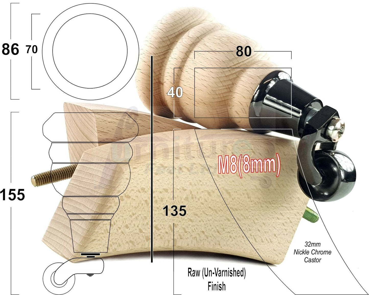 Turned Furniture Feet 2 With Castors 155mm and 2 Curved Back Legs Raw Wood for Sofas Chairs Stools Cabinets Beds M8 6 Inches