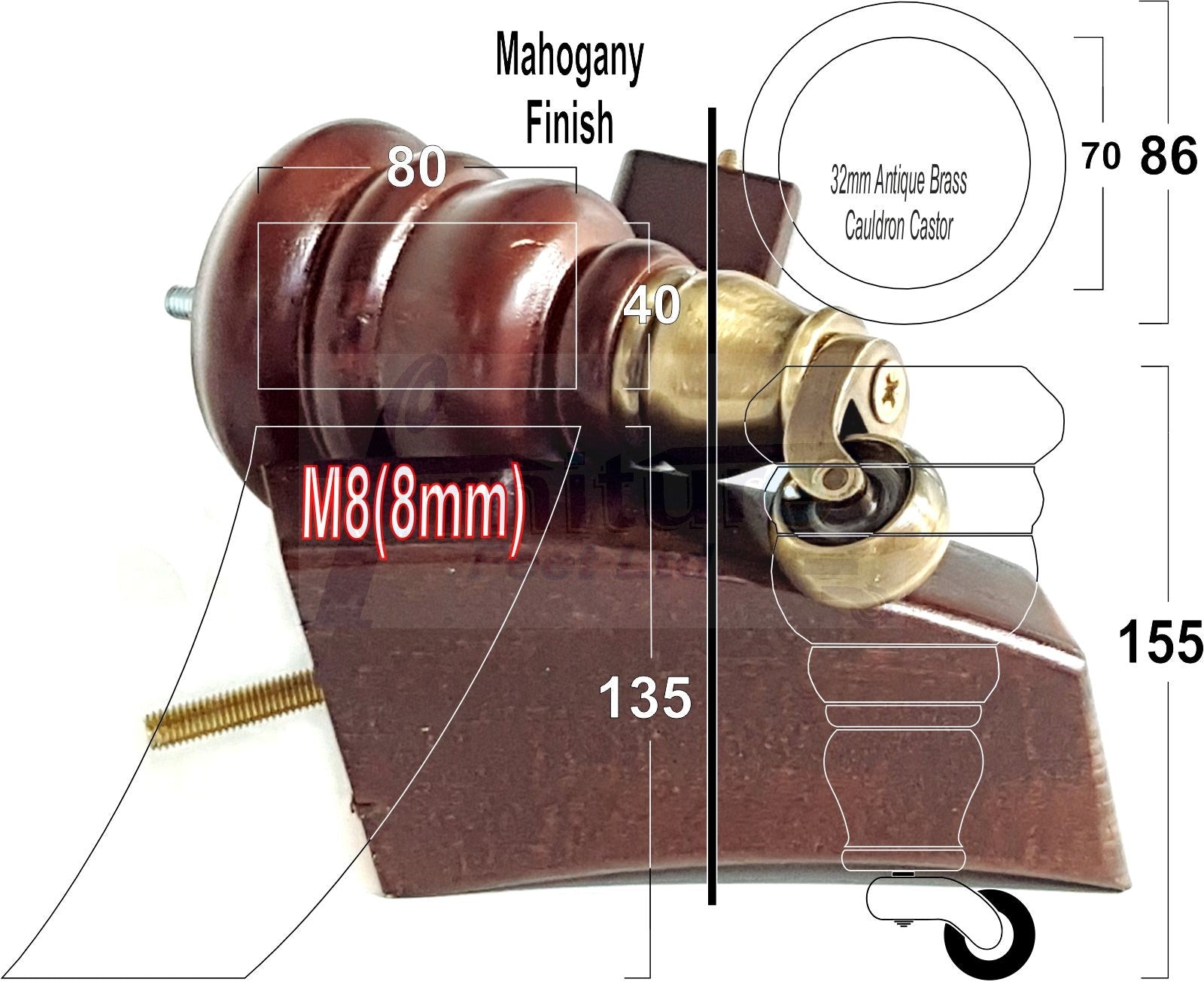 Mahogany Turned Wood Furniture Feet 2 With Castors 155mm and 2 Curved Back Legs Sofas Chairs Stools Cabinets Beds M8 6 Inches