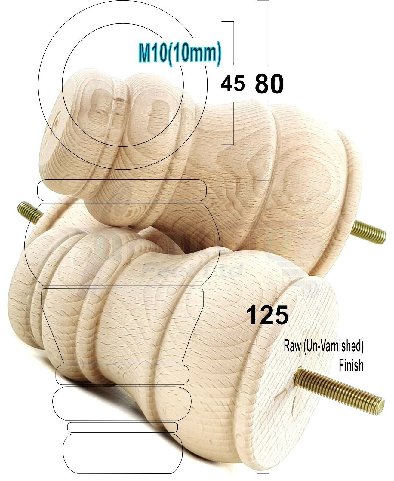 4 Turned Wood Furniture Legs M10 Thread Replacement Feet 125mm High Sofa Chairs Beds