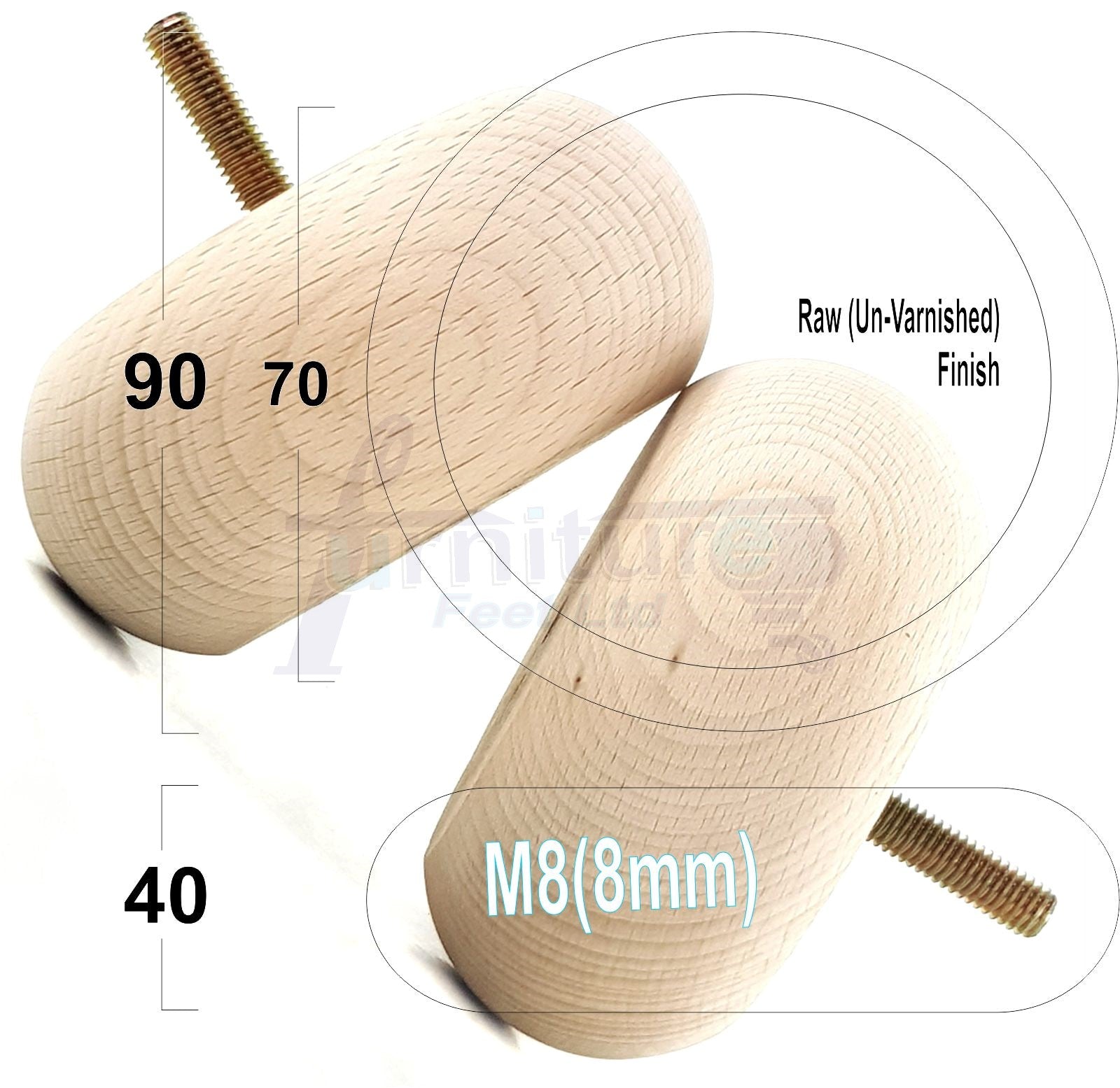 4 Solid Wood Furniture Bun Feet Replacement Legs 40mm High For Chairs Stools Sofa's Beds Settee and Cabinets M8 Multiple Colours